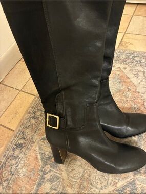 Tory Burch Black Leather Knee-High Boots with Gold Buckle